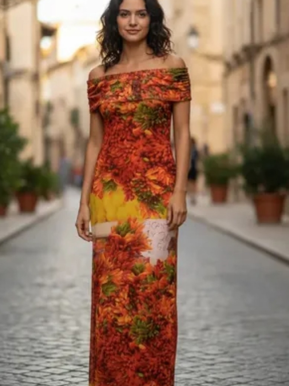 Zara Off-Shoulder Floral Maxi Dress in Red, Orange and Yellow
